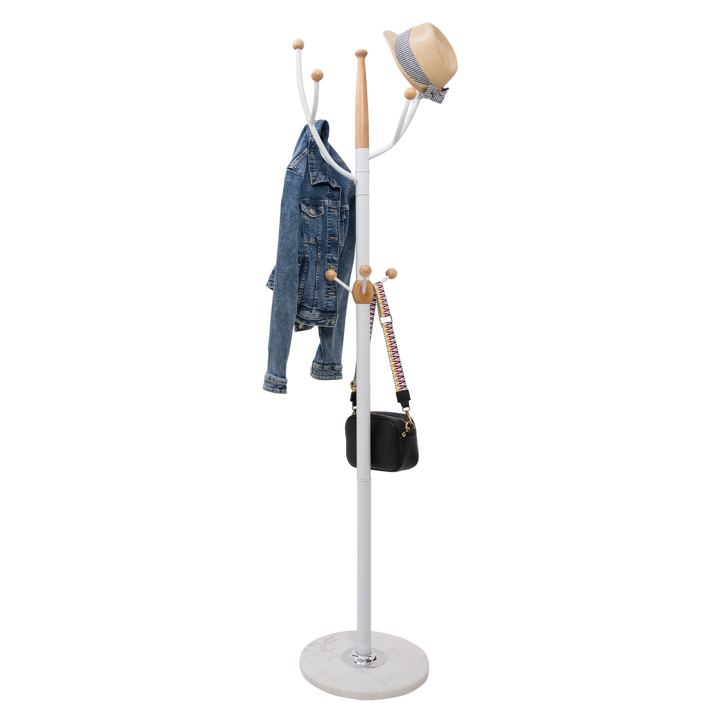 Home Deluxe Heavy Duty White Metal & Beech Wood Coat Rack With Solid Marble Base With 9 Pegs - Rackshop Australia