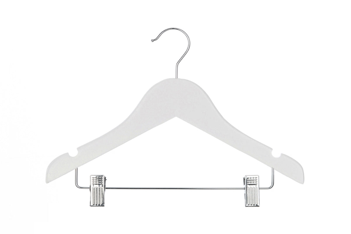 30.5cm White Wooden Baby Coat Hangers with Clips & Notches Sold in Bundles of 25/50/100 - Rackshop Australia